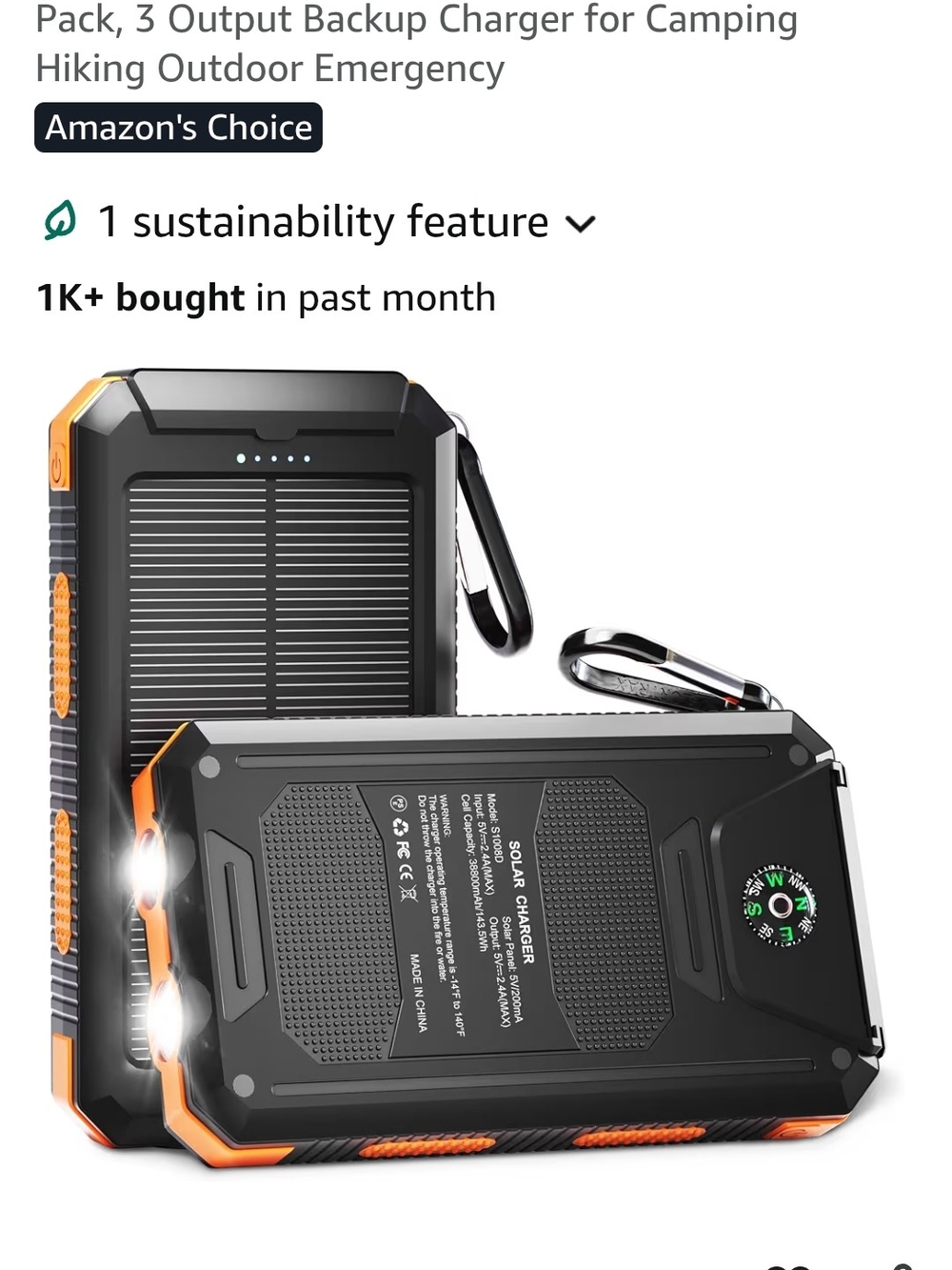 Portable Solar Power Bank with Flashlight and Compass - Black & Orange